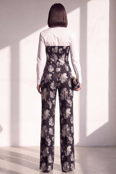 Black Silver Floral Lapel Wide Leg 2 Piece Prom Suits