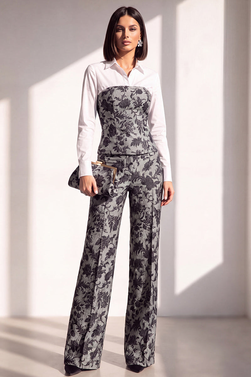 Load image into Gallery viewer, Black Silver Floral Lapel Wide Leg 2 Piece Prom Suits