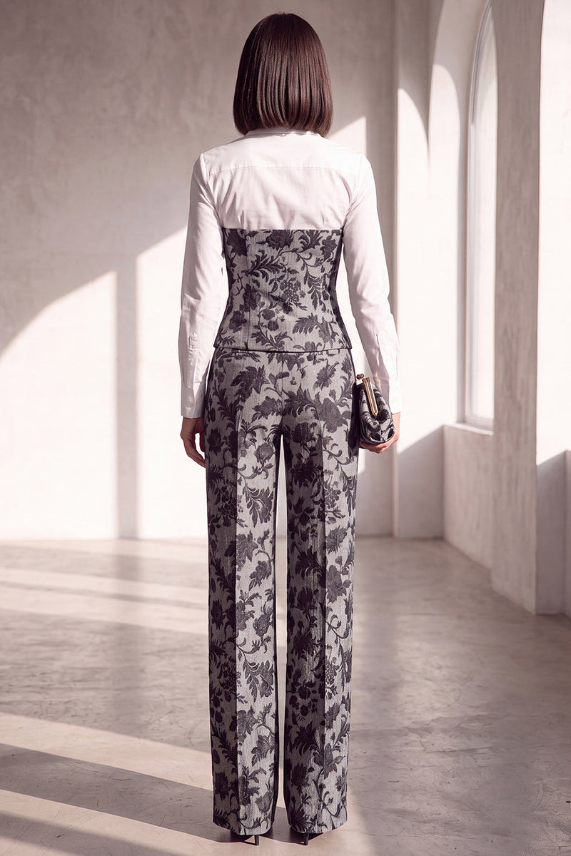 Load image into Gallery viewer, Black Silver Floral Lapel Wide Leg 2 Piece Prom Suits