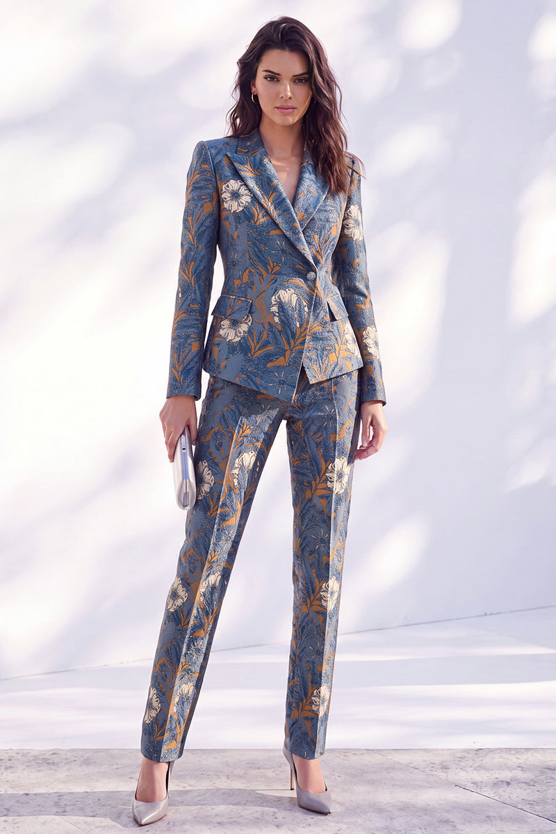 Load image into Gallery viewer, Grey Blue 2 Piece Floral Peak Lapel Slim Fit Prom Suits