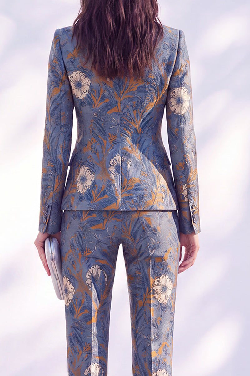 Load image into Gallery viewer, Grey Blue 2 Piece Floral Peak Lapel Slim Fit Prom Suits
