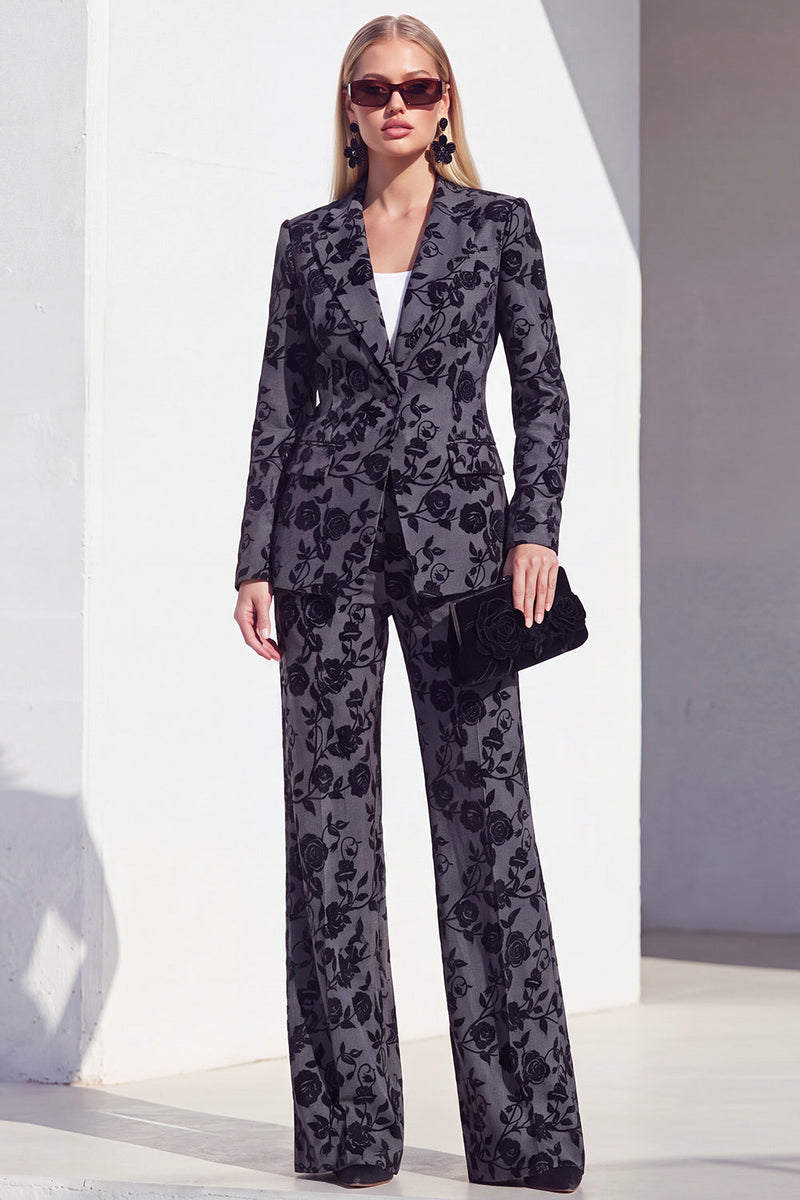 Load image into Gallery viewer, Floral Grey Notchd Lapel 2 Piece Long Sleeves Prom Suits