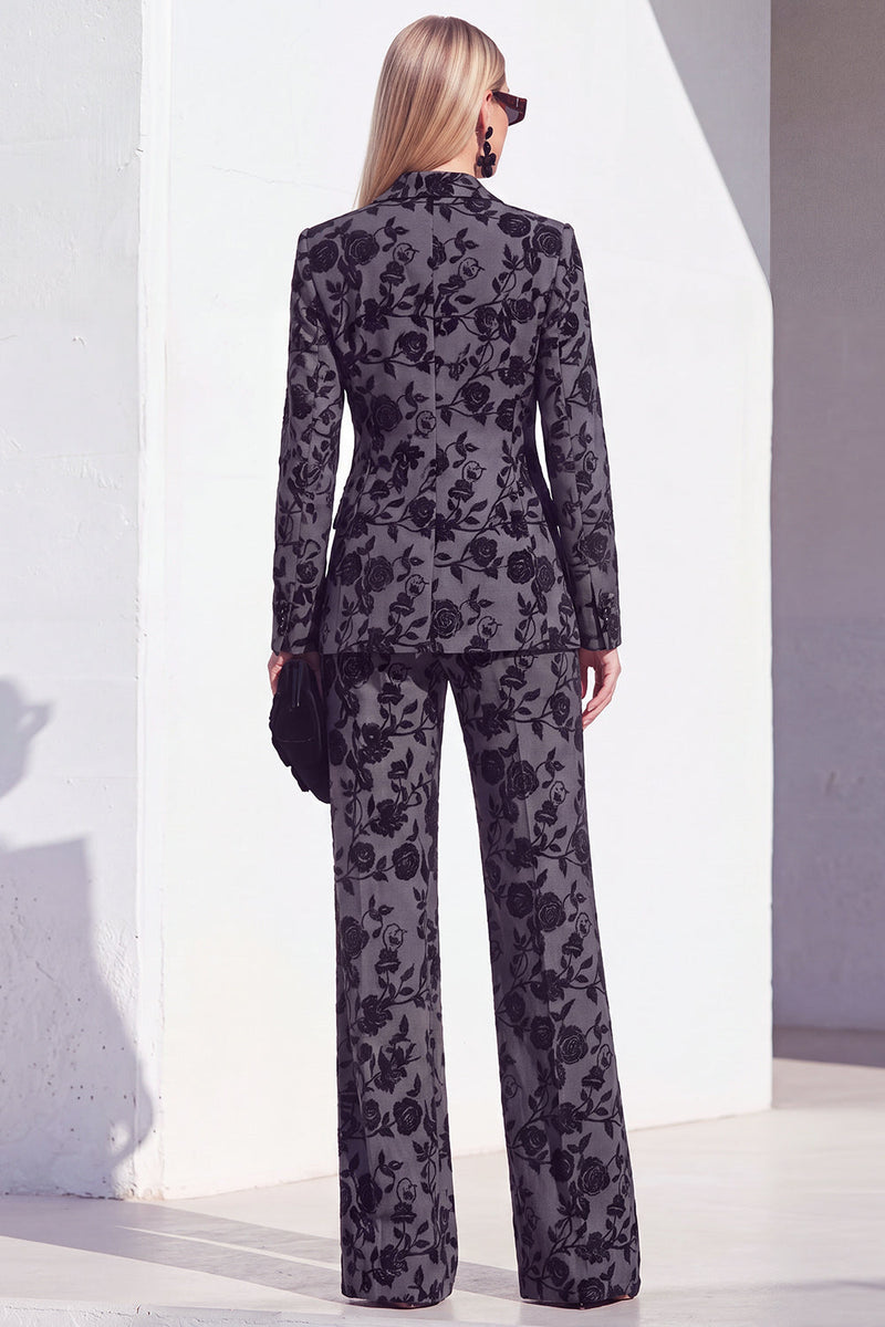 Load image into Gallery viewer, Floral Grey Notchd Lapel 2 Piece Long Sleeves Prom Suits