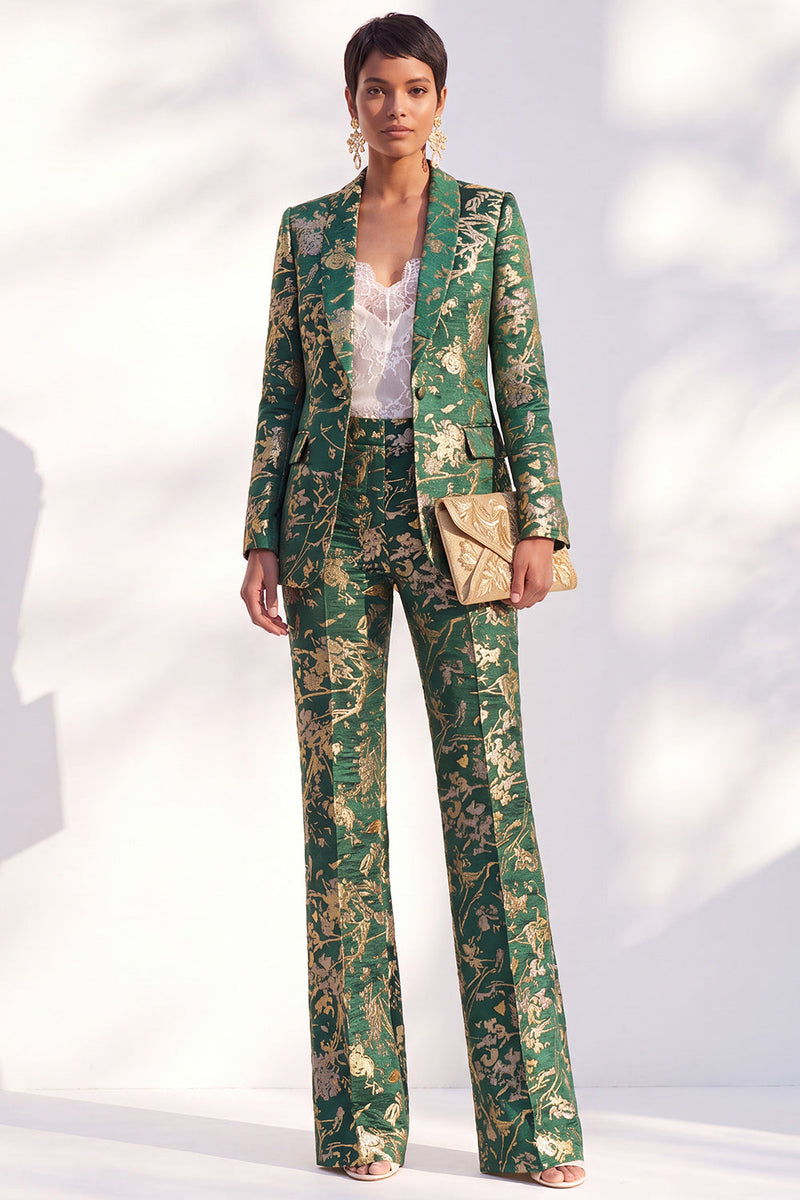 Load image into Gallery viewer, Floral Peak Lapel Green Slim Fit 2 Piece Prom Suits