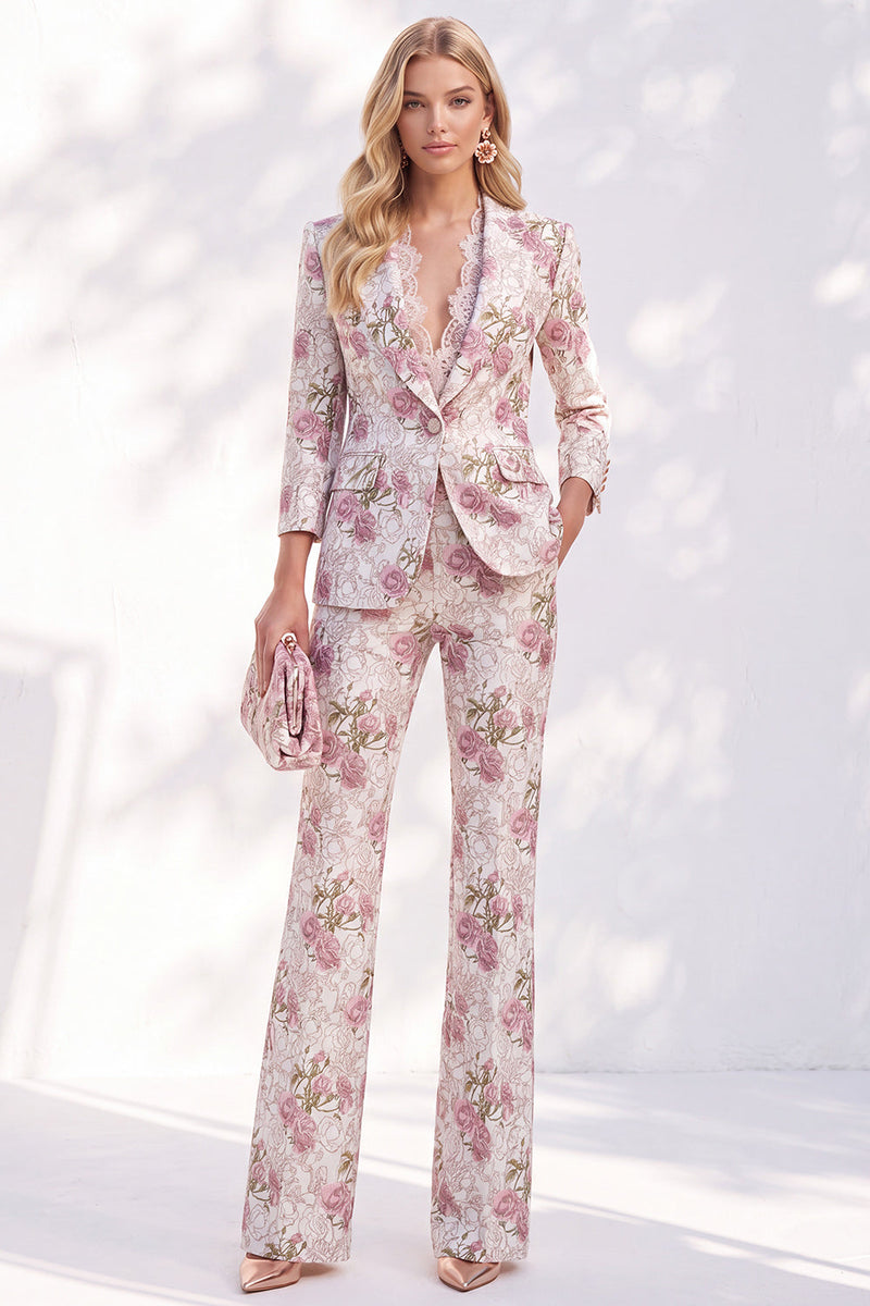 Load image into Gallery viewer, White Pink Flower 2 Piece Peak Lapel Prom Suits with Sleeves