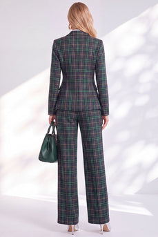 Green Grid Double Breasted Peak Lapel 2 Piece Business Suits with Pockets