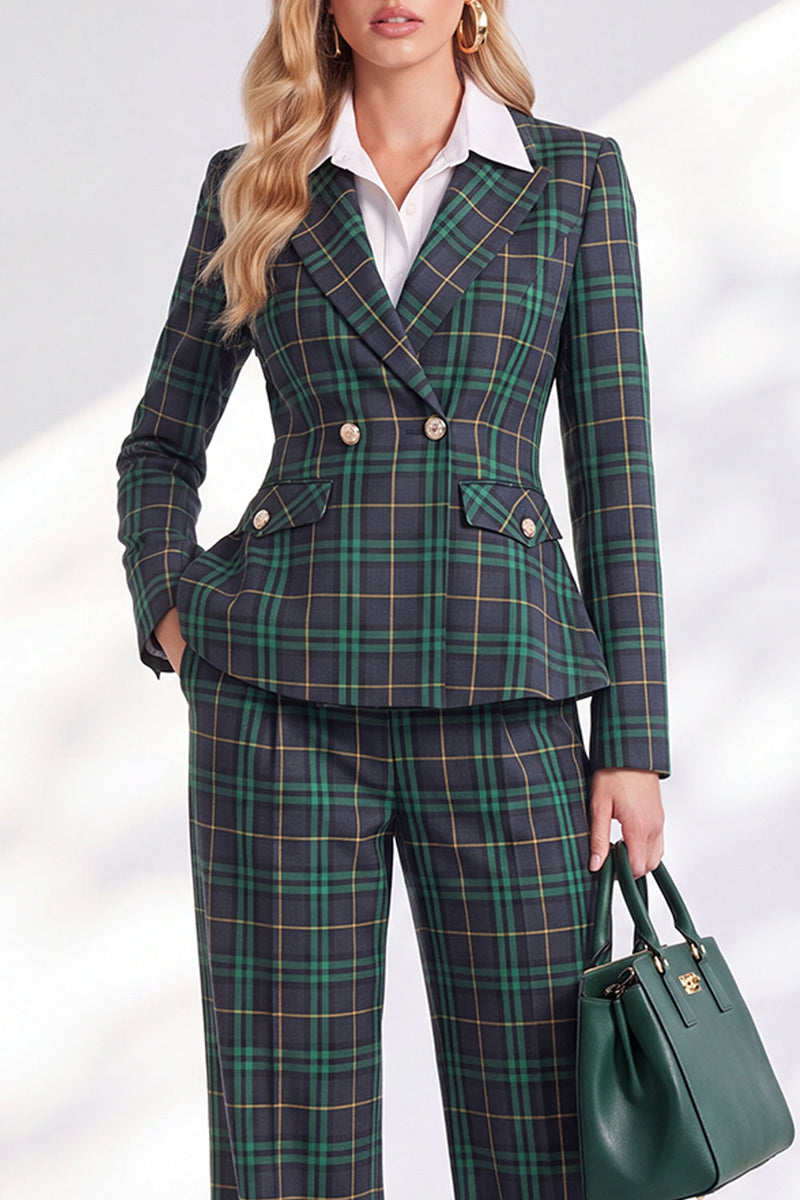 Load image into Gallery viewer, Green Grid Double Breasted Peak Lapel 2 Piece Business Suits with Pockets