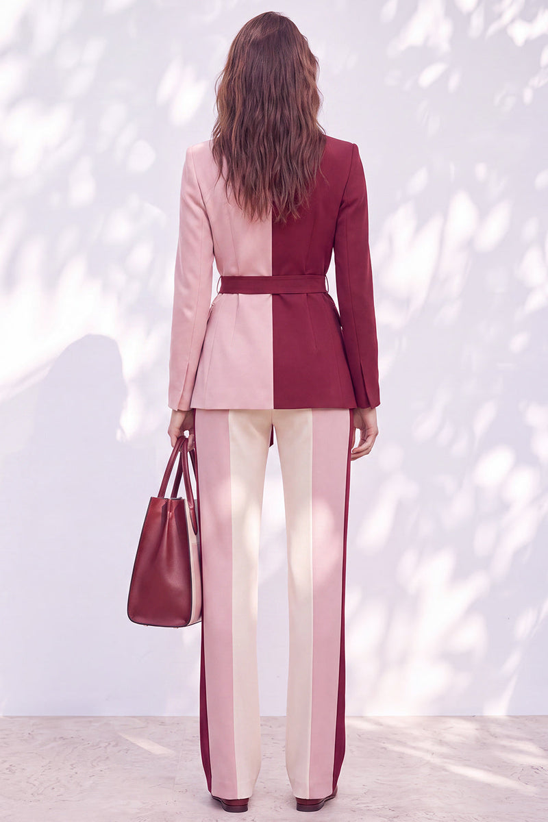 Load image into Gallery viewer, Pink Burgundy Patchwork Peak Lapel 2 Piece Business Suits with Sash