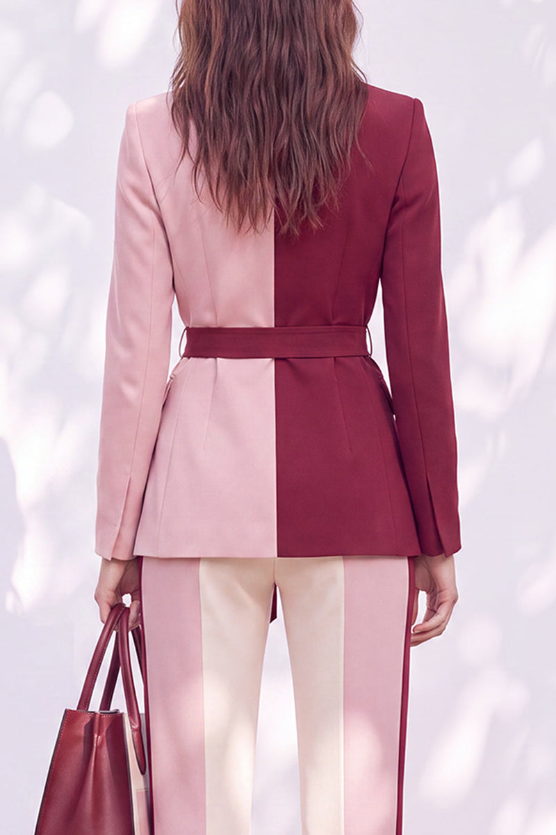 Load image into Gallery viewer, Pink Burgundy Patchwork Peak Lapel 2 Piece Business Suits with Sash