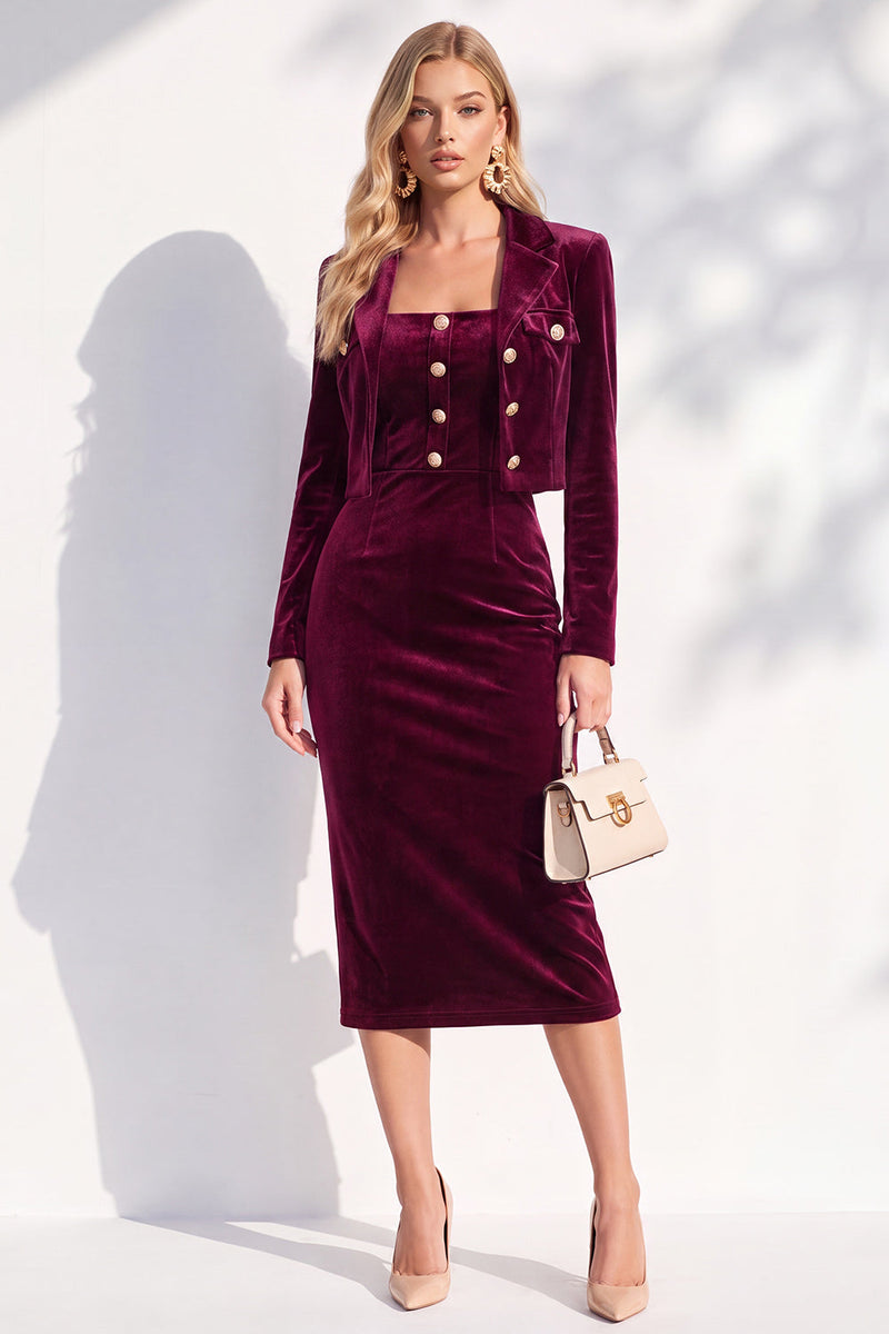 Load image into Gallery viewer, Velvet Burgundy Notched Lapel 2 Piece Business Dress with Jacket