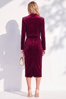 Velvet Burgundy Notched Lapel 2 Piece Business Dress with Jacket