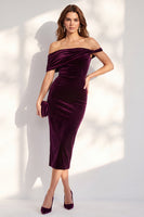 Load image into Gallery viewer, Dark Blue Off the Shoulder Velvet Bodycon Midi Work Dress