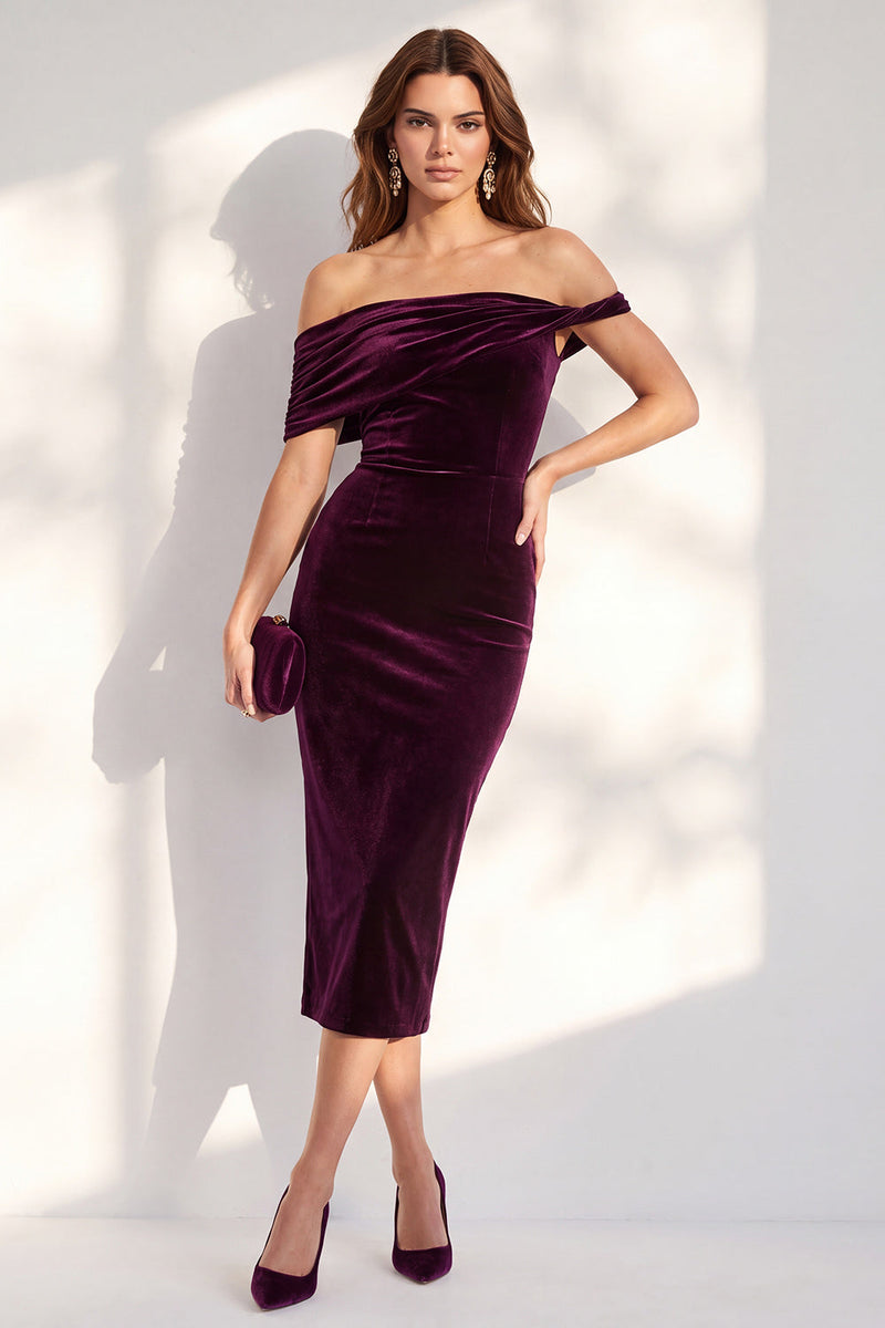 Load image into Gallery viewer, Dark Blue Off the Shoulder Velvet Bodycon Midi Work Dress