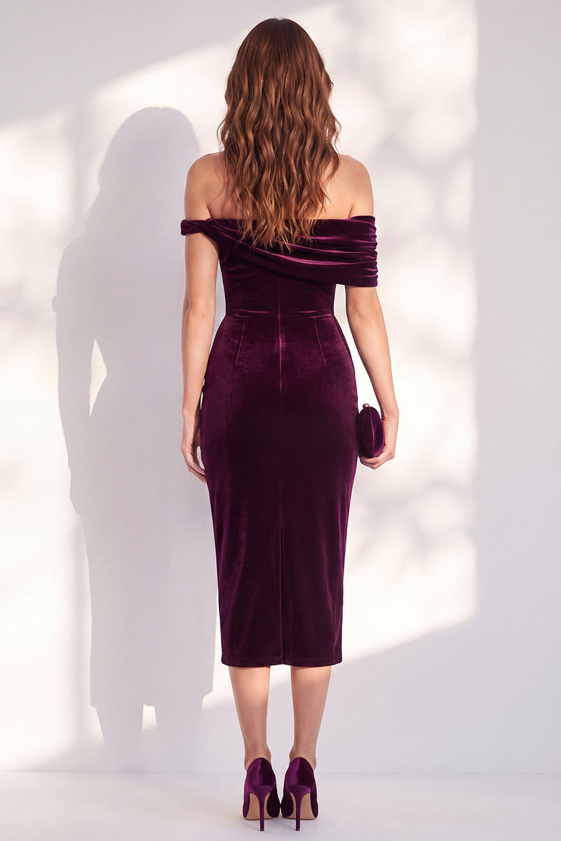 Load image into Gallery viewer, Dark Blue Off the Shoulder Velvet Bodycon Midi Work Dress