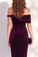 Load image into Gallery viewer, Dark Blue Off the Shoulder Velvet Bodycon Midi Work Dress