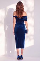 Load image into Gallery viewer, Dark Blue Off the Shoulder Velvet Bodycon Midi Work Dress