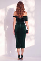 Load image into Gallery viewer, Dark Blue Off the Shoulder Velvet Bodycon Midi Work Dress