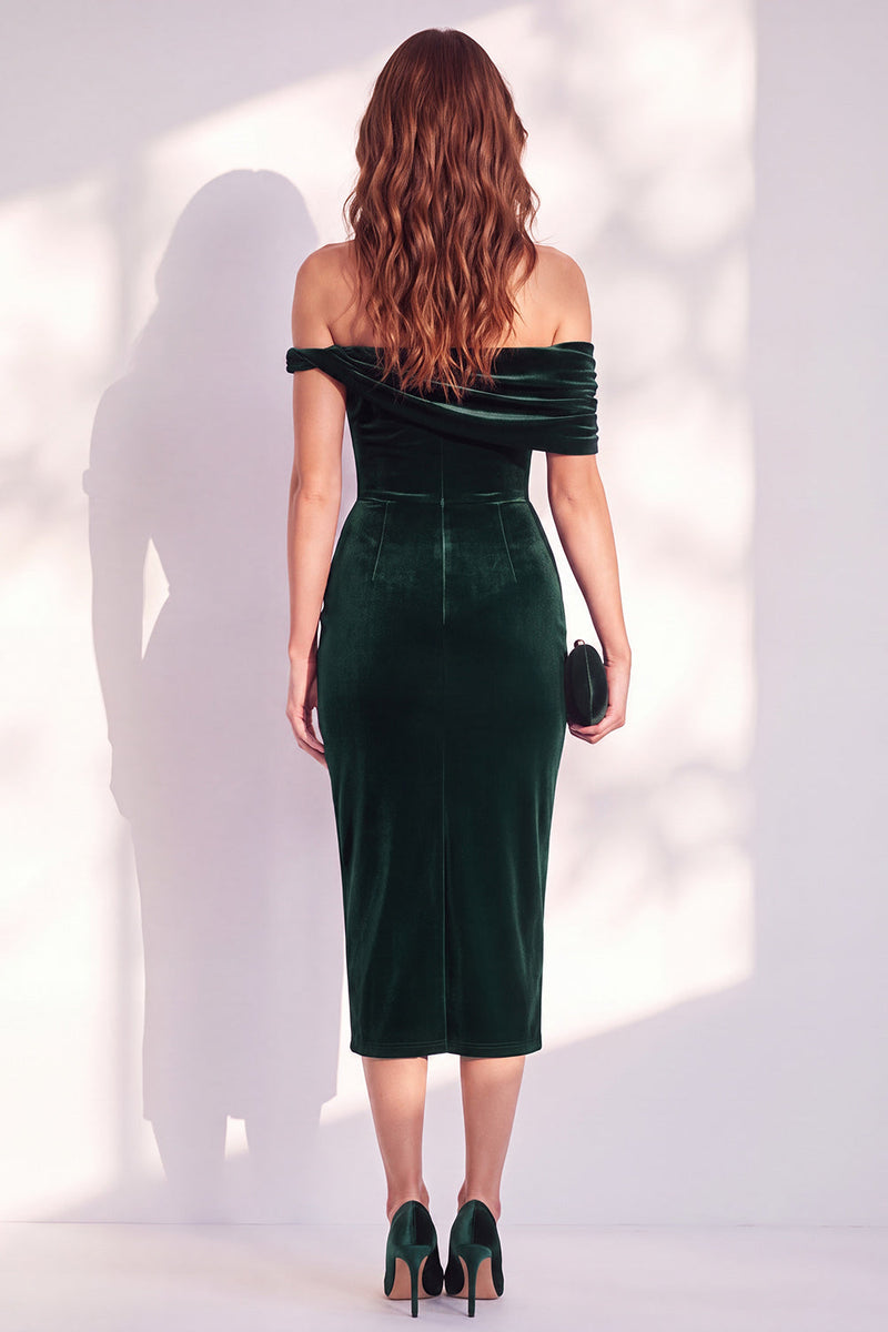 Load image into Gallery viewer, Dark Blue Off the Shoulder Velvet Bodycon Midi Work Dress