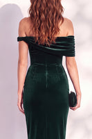Load image into Gallery viewer, Dark Blue Off the Shoulder Velvet Bodycon Midi Work Dress