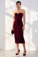 Load image into Gallery viewer, Burgundy Bodycon Sweetheart Velvet Corset Midi Work Dress