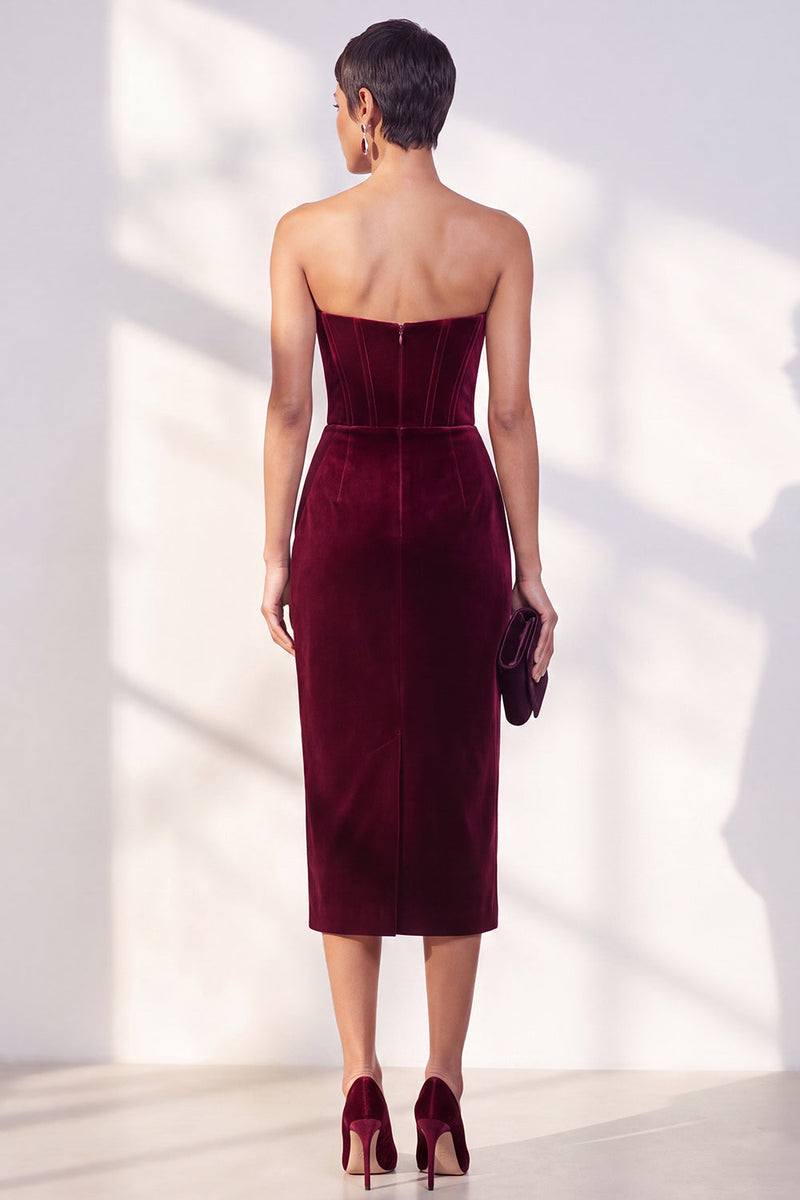 Load image into Gallery viewer, Burgundy Bodycon Sweetheart Velvet Corset Midi Work Dress