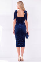 Load image into Gallery viewer, Dark Purple Velvet Bodycon Square Neck Midi Work Dress with Bows