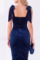 Load image into Gallery viewer, Dark Purple Velvet Bodycon Square Neck Midi Work Dress with Bows