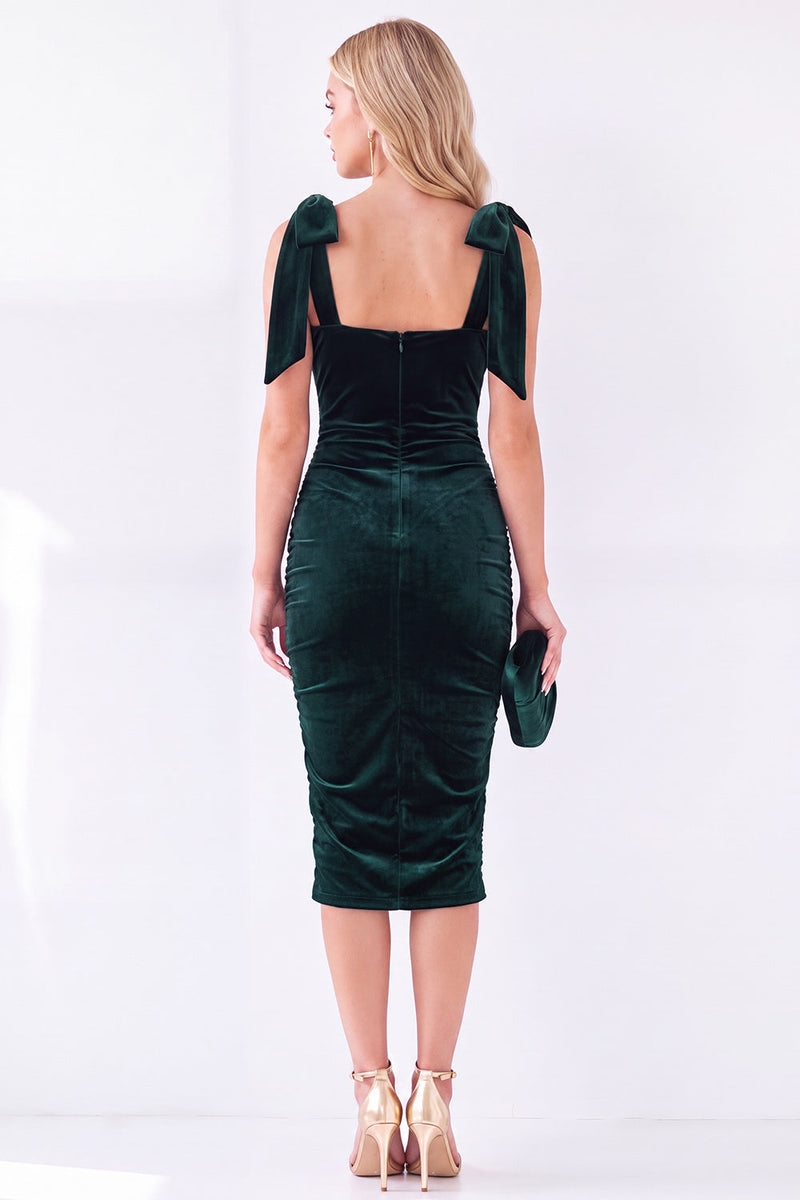 Load image into Gallery viewer, Dark Purple Velvet Bodycon Square Neck Midi Work Dress with Bows