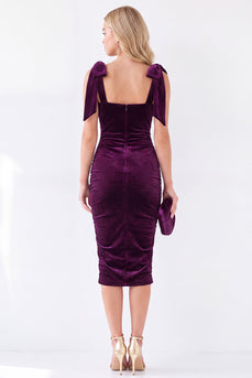 Dark Purple Velvet Bodycon Square Neck Midi Work Dress with Bows