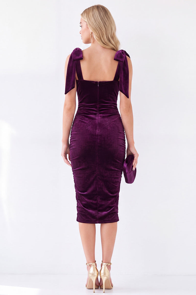 Load image into Gallery viewer, Dark Purple Velvet Bodycon Square Neck Midi Work Dress with Bows