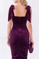 Load image into Gallery viewer, Dark Purple Velvet Bodycon Square Neck Midi Work Dress with Bows