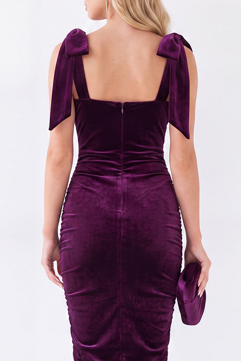 Load image into Gallery viewer, Dark Purple Velvet Bodycon Square Neck Midi Work Dress with Bows