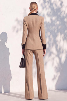 Khaki Shawl Lapel Double Breasted Wide Leg 2 Piece Business Suits
