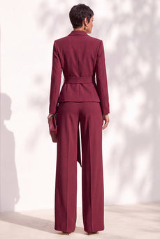 Burgundy Shawl Lapel 2 Piece Long Sleeves Business Suits with Sash
