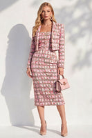 Load image into Gallery viewer, Pink Tweed Notched Lapel Bodycon Midi 2 Piece Blazer Dress with Jackets