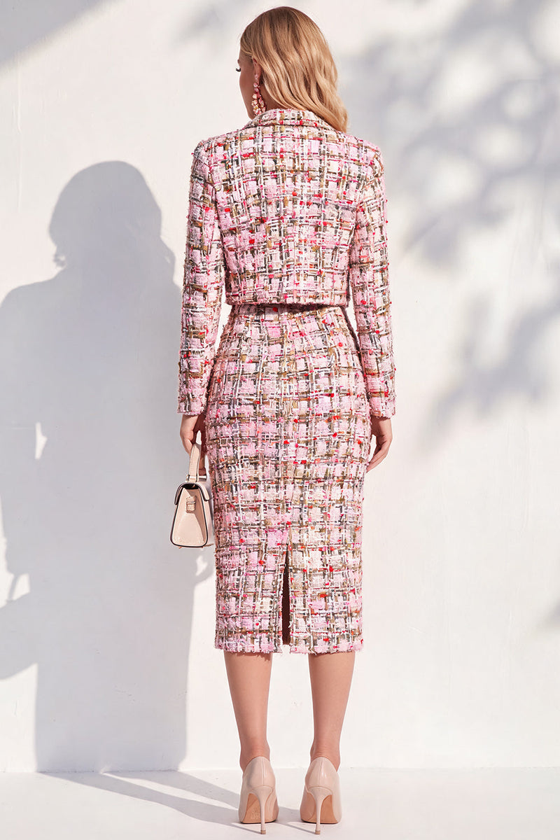 Load image into Gallery viewer, Pink Tweed Notched Lapel Bodycon Midi 2 Piece Blazer Dress with Jackets