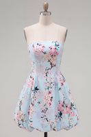 Load image into Gallery viewer, Blue Floral Satin Strapless A-Line Short Prom Dress