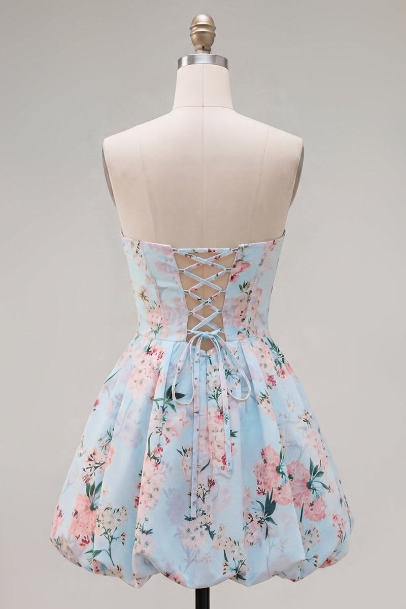 Load image into Gallery viewer, Blue Floral Satin Strapless A-Line Short Prom Dress
