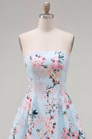 Load image into Gallery viewer, Blue Floral Satin Strapless A-Line Short Prom Dress