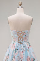 Load image into Gallery viewer, Blue Floral Satin Strapless A-Line Short Prom Dress