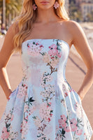 Load image into Gallery viewer, Blue Floral Satin Strapless A-Line Short Prom Dress