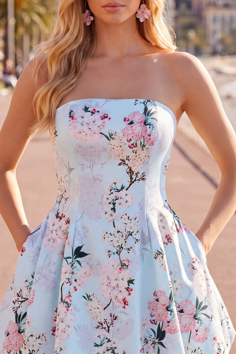 Load image into Gallery viewer, Blue Floral Satin Strapless A-Line Short Prom Dress
