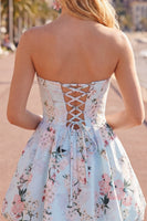 Load image into Gallery viewer, Blue Floral Satin Strapless A-Line Short Prom Dress