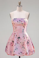 Load image into Gallery viewer, Blue Floral Satin Strapless A-Line Short Prom Dress