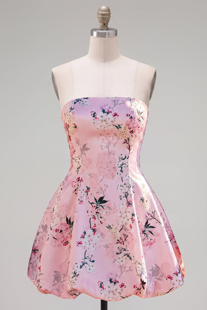 Load image into Gallery viewer, Blue Floral Satin Strapless A-Line Short Prom Dress