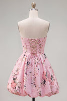 Load image into Gallery viewer, Blue Floral Satin Strapless A-Line Short Prom Dress