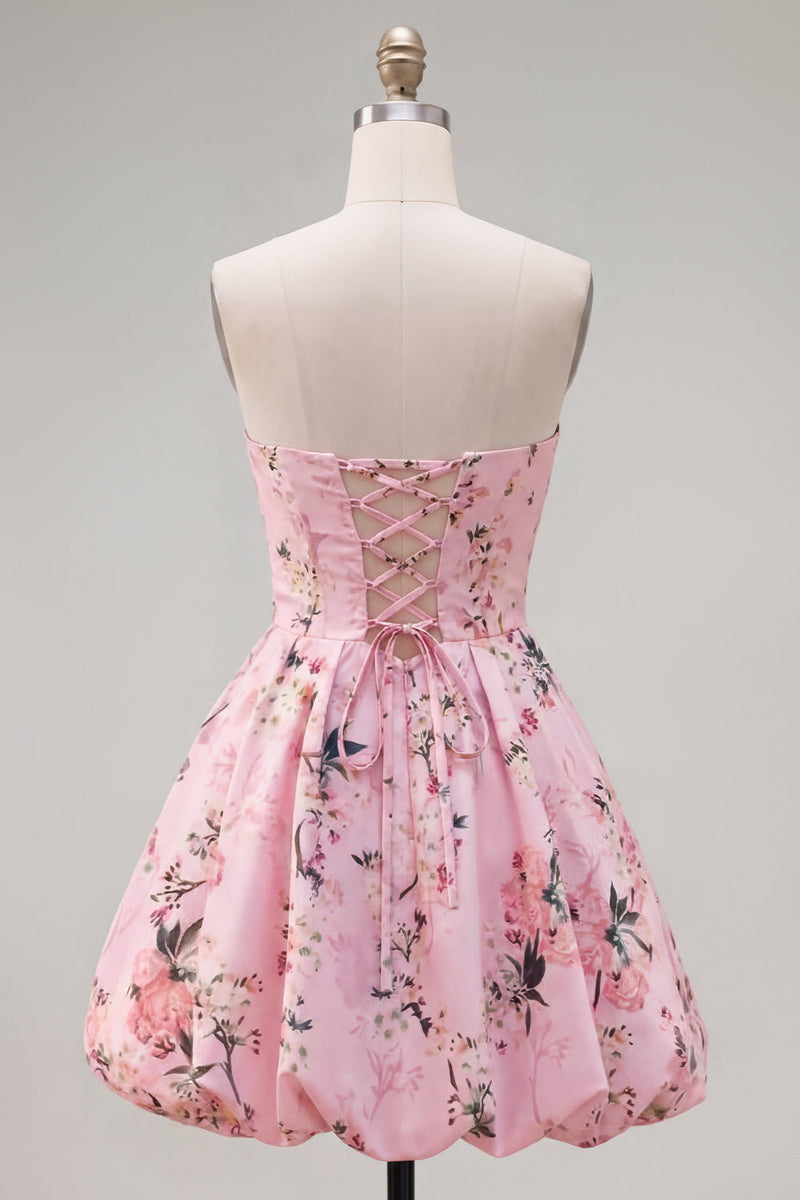 Load image into Gallery viewer, Blue Floral Satin Strapless A-Line Short Prom Dress