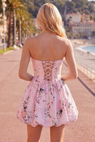 Load image into Gallery viewer, Blue Floral Satin Strapless A-Line Short Prom Dress