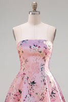 Load image into Gallery viewer, Blue Floral Satin Strapless A-Line Short Prom Dress