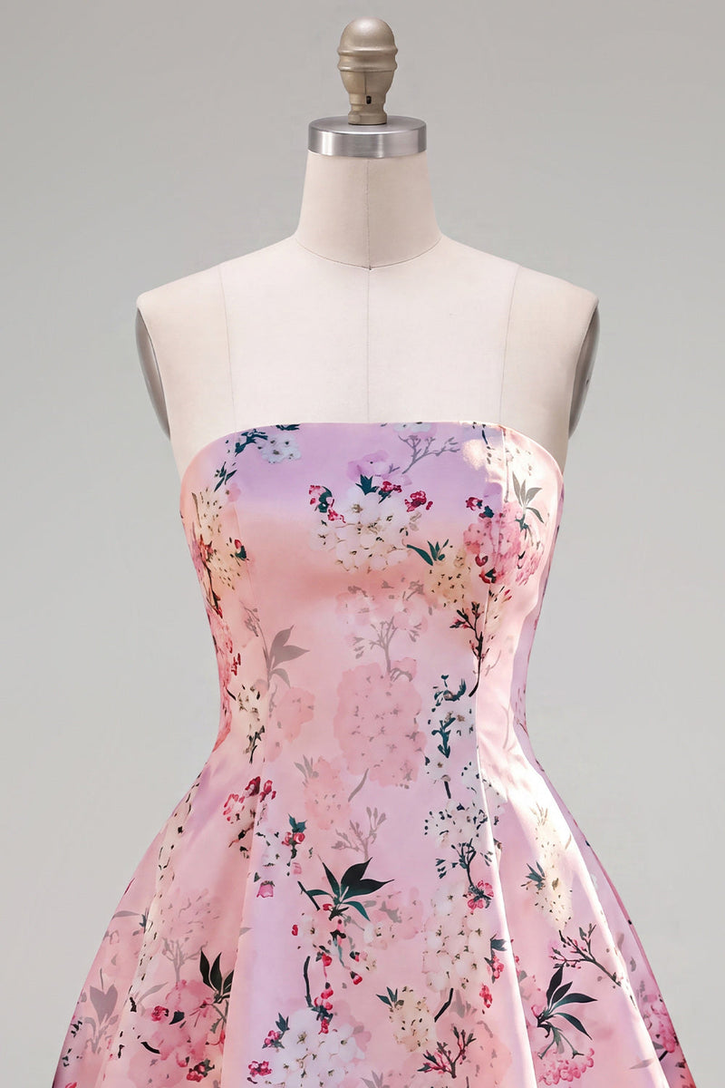 Load image into Gallery viewer, Blue Floral Satin Strapless A-Line Short Prom Dress